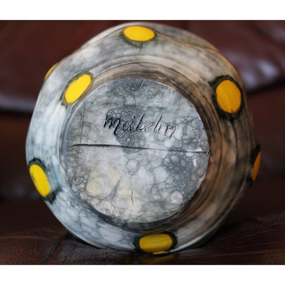 Polka dots Ceramic Black & Yellow Altered Vase Bubble Technique Organic Shape - Picture 7 of 11